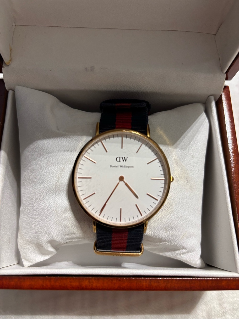 Daniel Wellington Gold Case Watch with Navy and Red Stripe NATO Strap